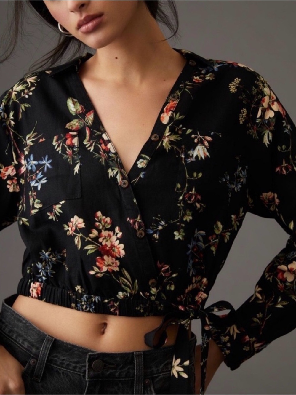 Pilcro Anthropologie Floral Linen Blend Cropped Waist Tie Blouse Black Medium